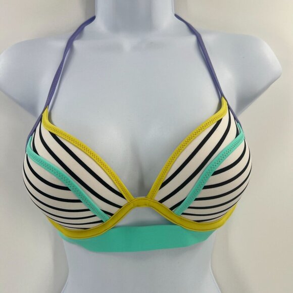 Victoria's Secret 32C/S Hottie Itsy Bikini Set Stripe Push-Up Neon Colorblock - Picture 2 of 15